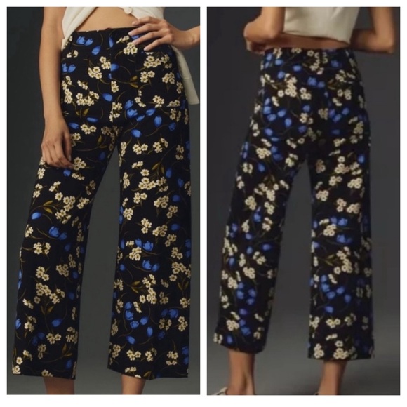 Anthropologie Maeve Colette Ponte Wide Leg Pants in Floral Blue Green | 30 Tall - Picture 1 of 11